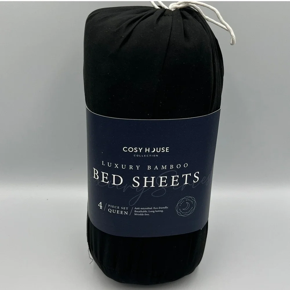 Cosy House Collection Queen Bamboo Bed Sheets Black 4pc Set New